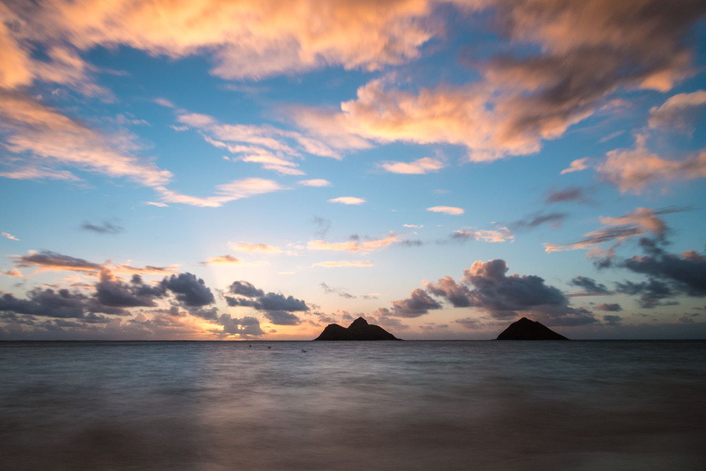 Lanikai beach, pláž, Hawaii, Oahu, Havajské ostrovy, moře, východ slunce, sunrise